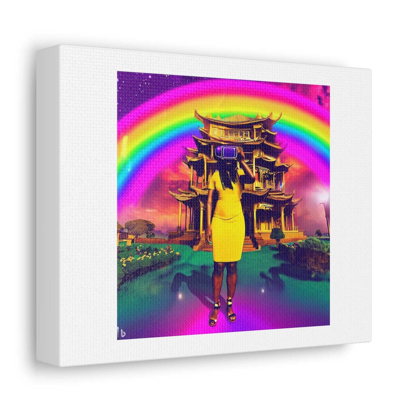 Happy Black Women Wearing VR Headset in a Shangri-La with Rainbow digital art 'Designed by AI' on Canvas