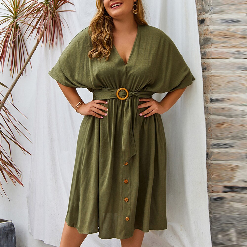 Vireous Full Sleeve V Neckline Plus Size Dress