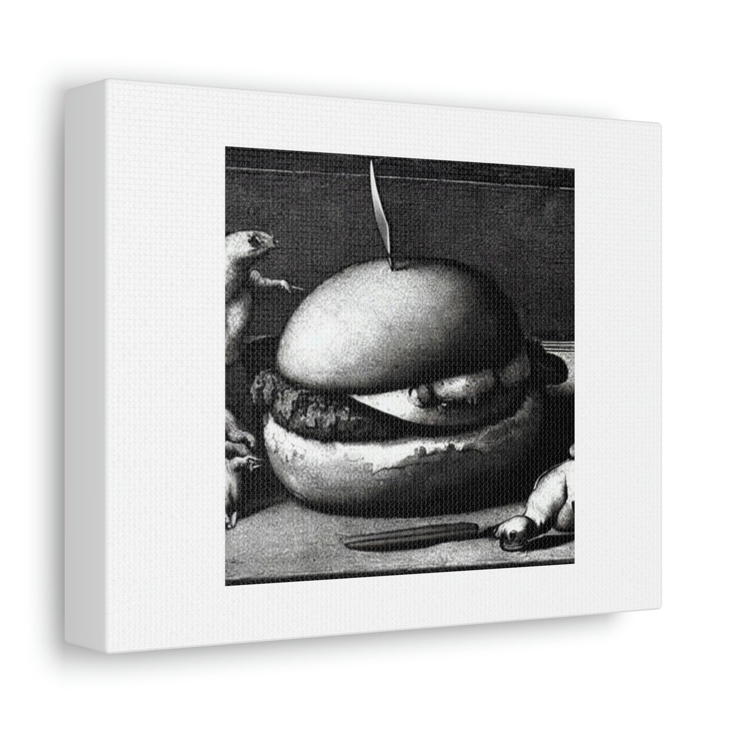 Loose Burger With Mouse Still Life 'Designed by AI' on Satin Canvas, Stretched