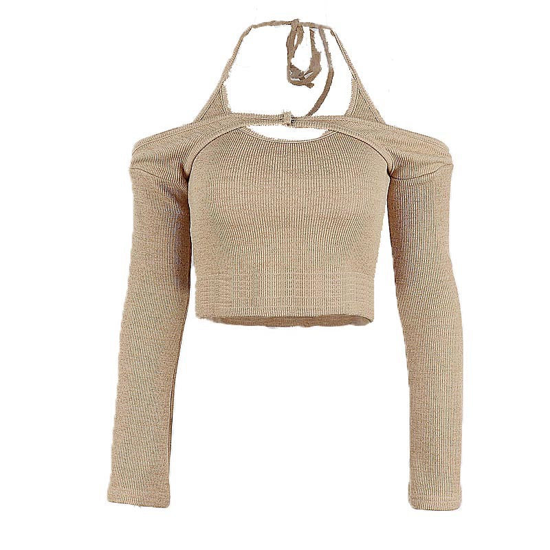 Vireous Women's Off-The-Shoulder Strap Hanging Neck Suspender Long Sleeve Knitted Top