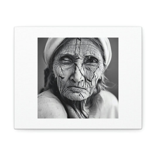 Old Woman's Face With Scars Digital Art 'Designed by AI' on Satin Canvas