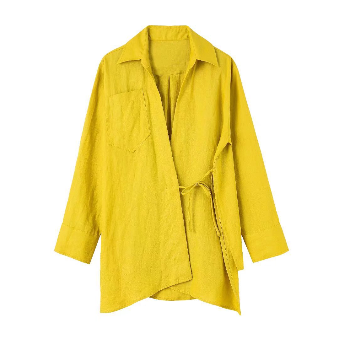 Vireous Vivid Yellow Linen Dress Shirt and Casual Pants Suit