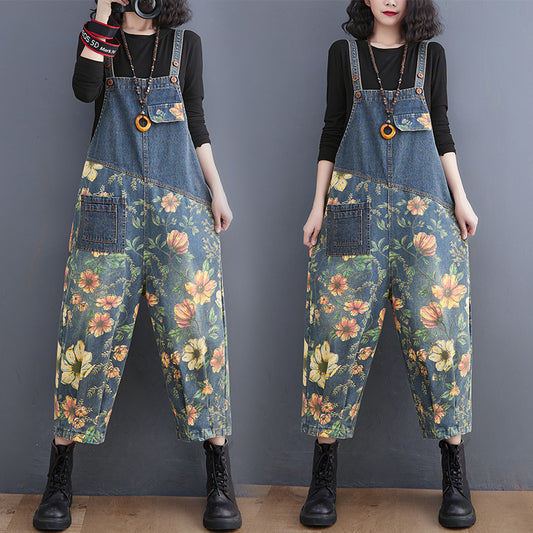 Vireous Patchwork Floral Denim Jumpsuit