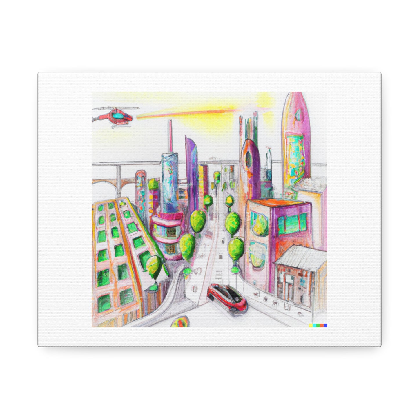 Pencil and Watercolour Drawing of a Future City with Flying Cars digital art 'Designed by AI' on Canvas