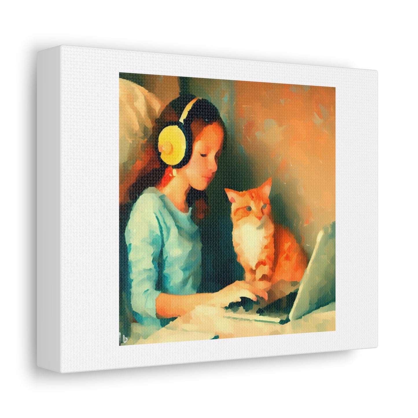 Girl with Cat Coding on a Computer digital art 'Designed by AI' on Satin Canvas