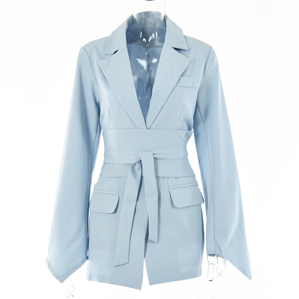 Vireous Women's Casual Long Sleeve Tie-Up Belted Suit Jacket