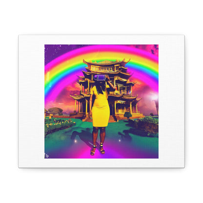 Happy Black Women Wearing VR Headset in a Shangri-La with Rainbow digital art 'Designed by AI' on Canvas