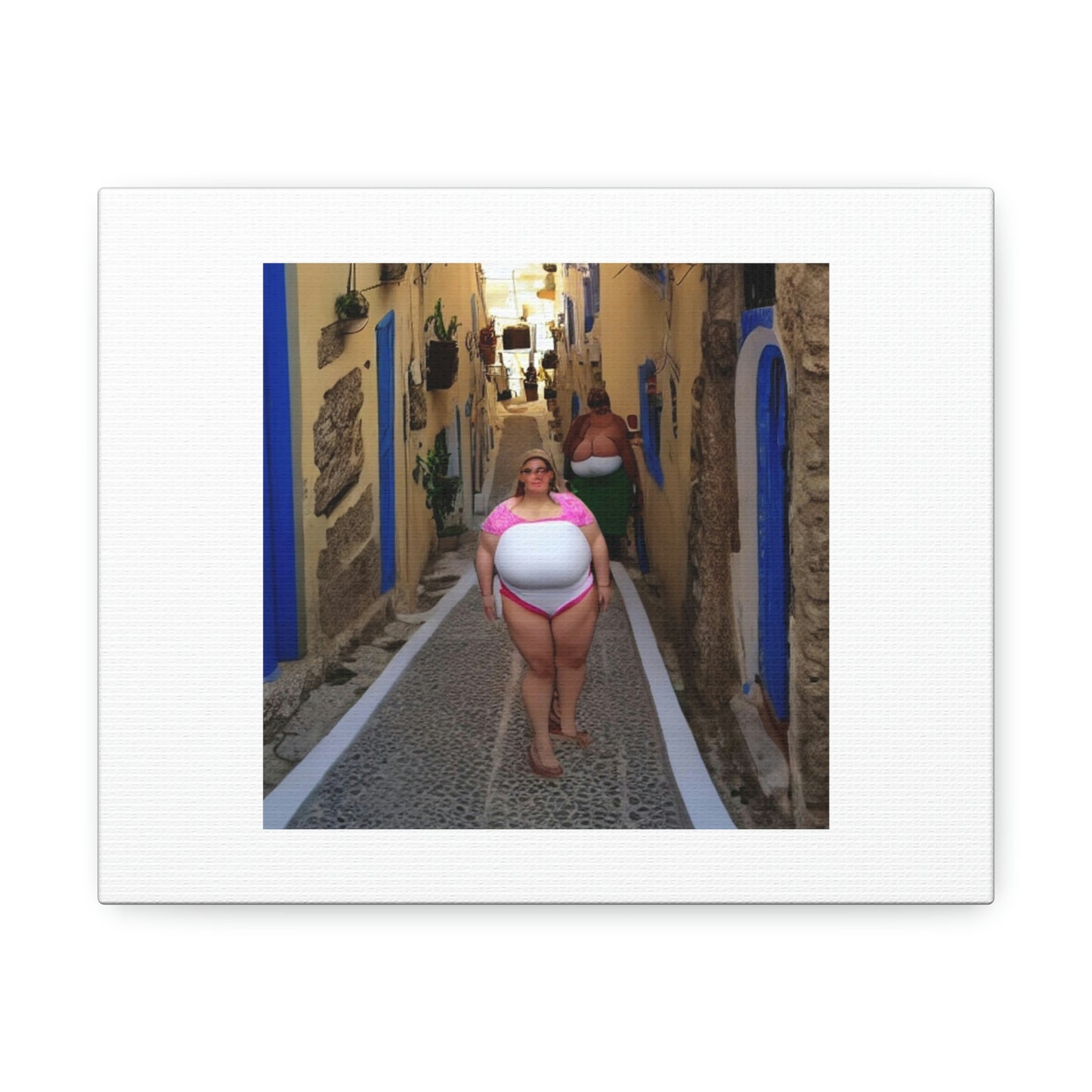 Fat Girl In Greece Digital Art 'Designed by AI' on Satin Canvas, Stretched