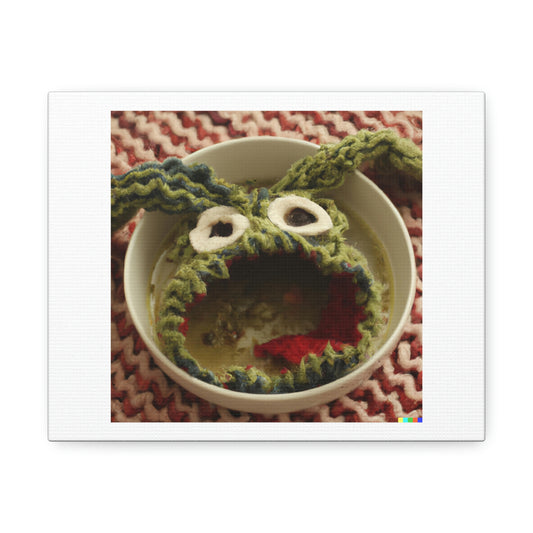 Bowl Of Soup That Looks Like A Woolen Knitted Monster Digital Art 'Designed by AI' on Satin Canvas