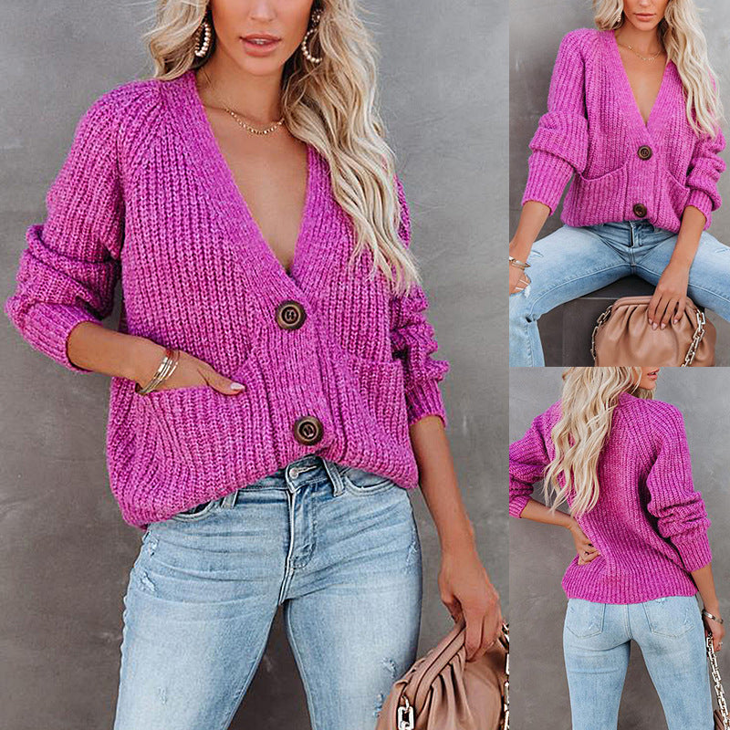 Vireous Solid Colour V-Neck Cardigan Single-Breasted Long-Sleeved Sweater Coat