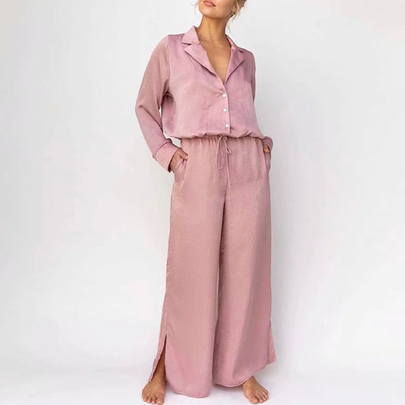 Vireous Women's Loose Fit V-Neck Pyjamas Set