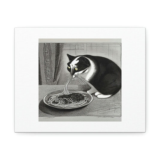 Cat Eating Spaghetti Digital Art 'Designed by AI' on Satin Canvas, Stretched