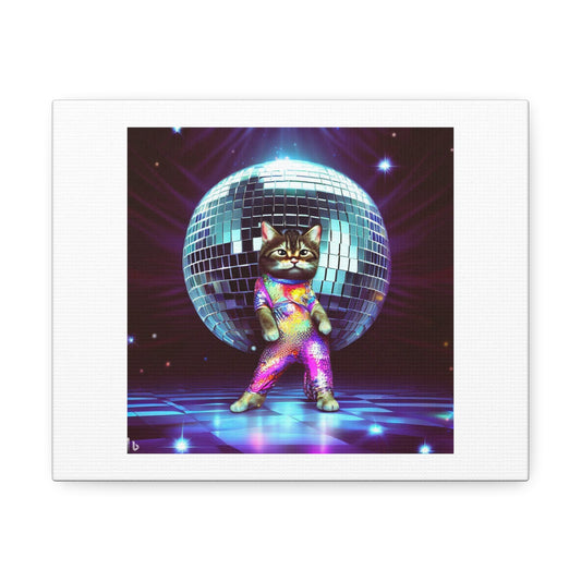 1970s Cat Under a Disco Ball digital art 'Designed by AI' on Satin Canvas