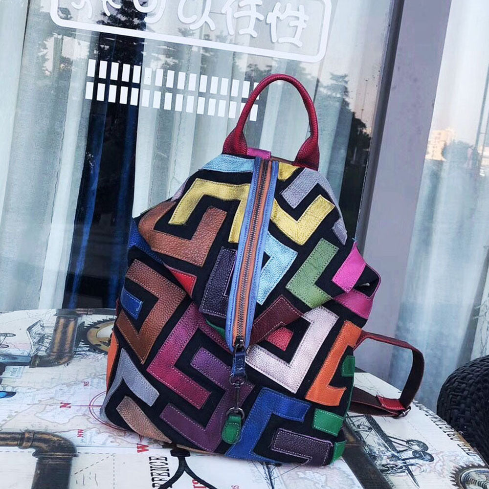 Genuine Leather Geometric Colours Backpack